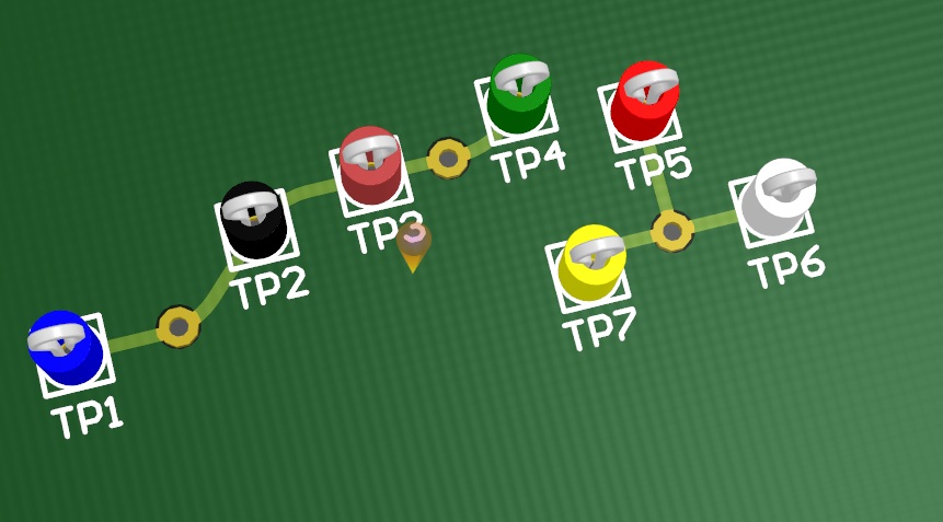 印刷电路板的通孔测试点。印刷电路板焊接孔直径1毫米，高度5毫米